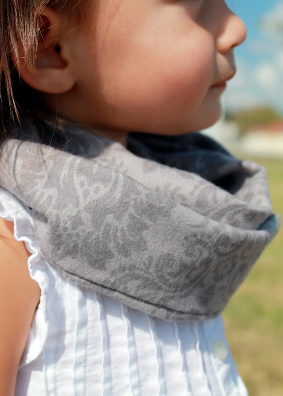 Gray floral baby girl infinity scarf Damask flannel toddler