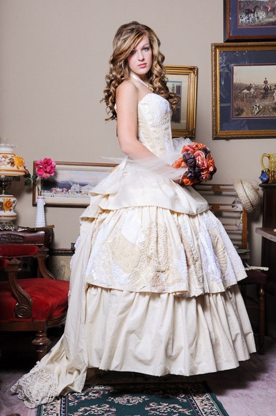 Elegance and Old Lace Victorian Corset Bustle Wedding Formal Gown Custom Sized Off White or Greyish Black by TracyMichelleCouture steampunk buy now online