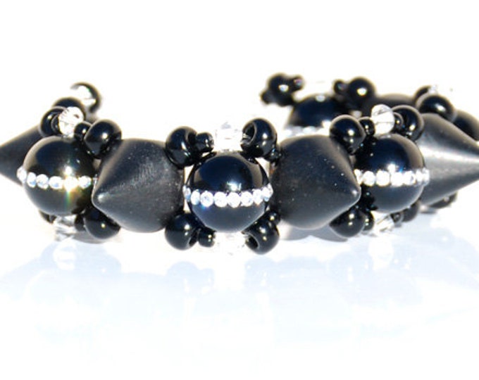 Artisan Jewelry, Spike Bracelet, Bead Weaving, Black Onyx, Swarovski Crystals, Sterling Silver Toggle Claps, One of A Kind,