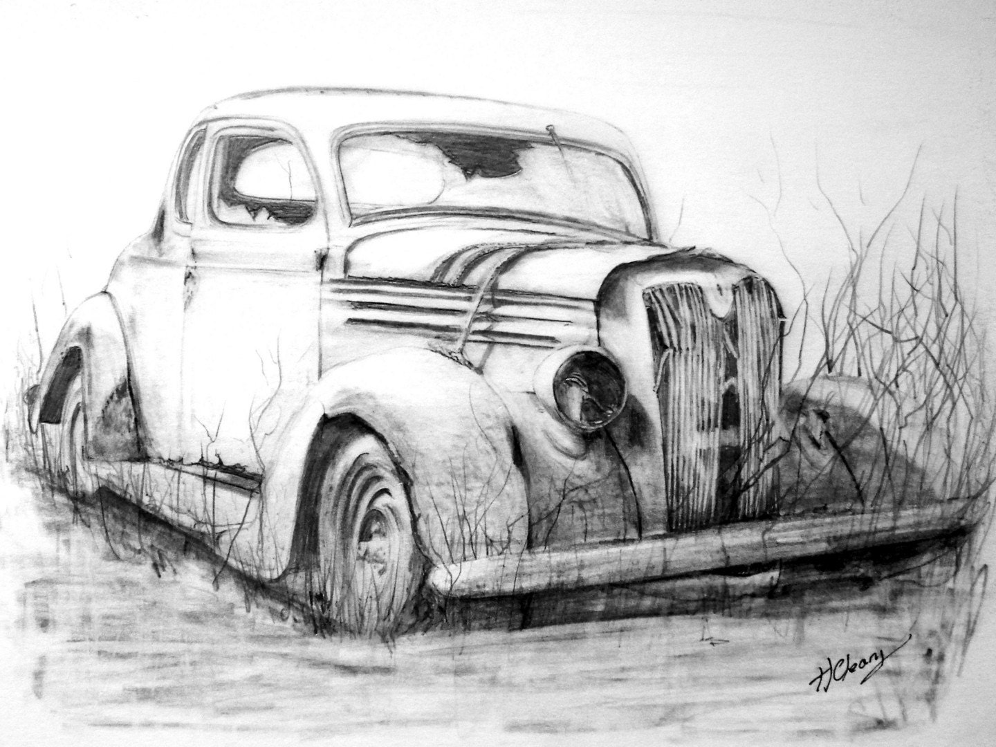 Old Abandoned Car Graphite Pencil Drawing . Print from an