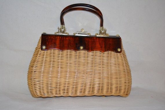 Rattan Wicker Hand Bag with Lucite Handles