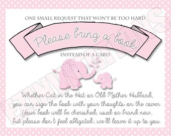 Pink and Grey Elephant Baby Shower Book Request Cards/ Polka Dot baby elephant please bring a book shower invitation - PRINTABLE!!!