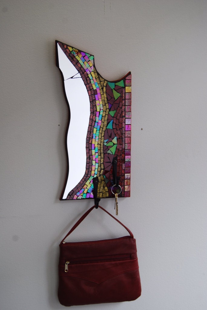 Mosaic hook made with stained glass and mirror on wood