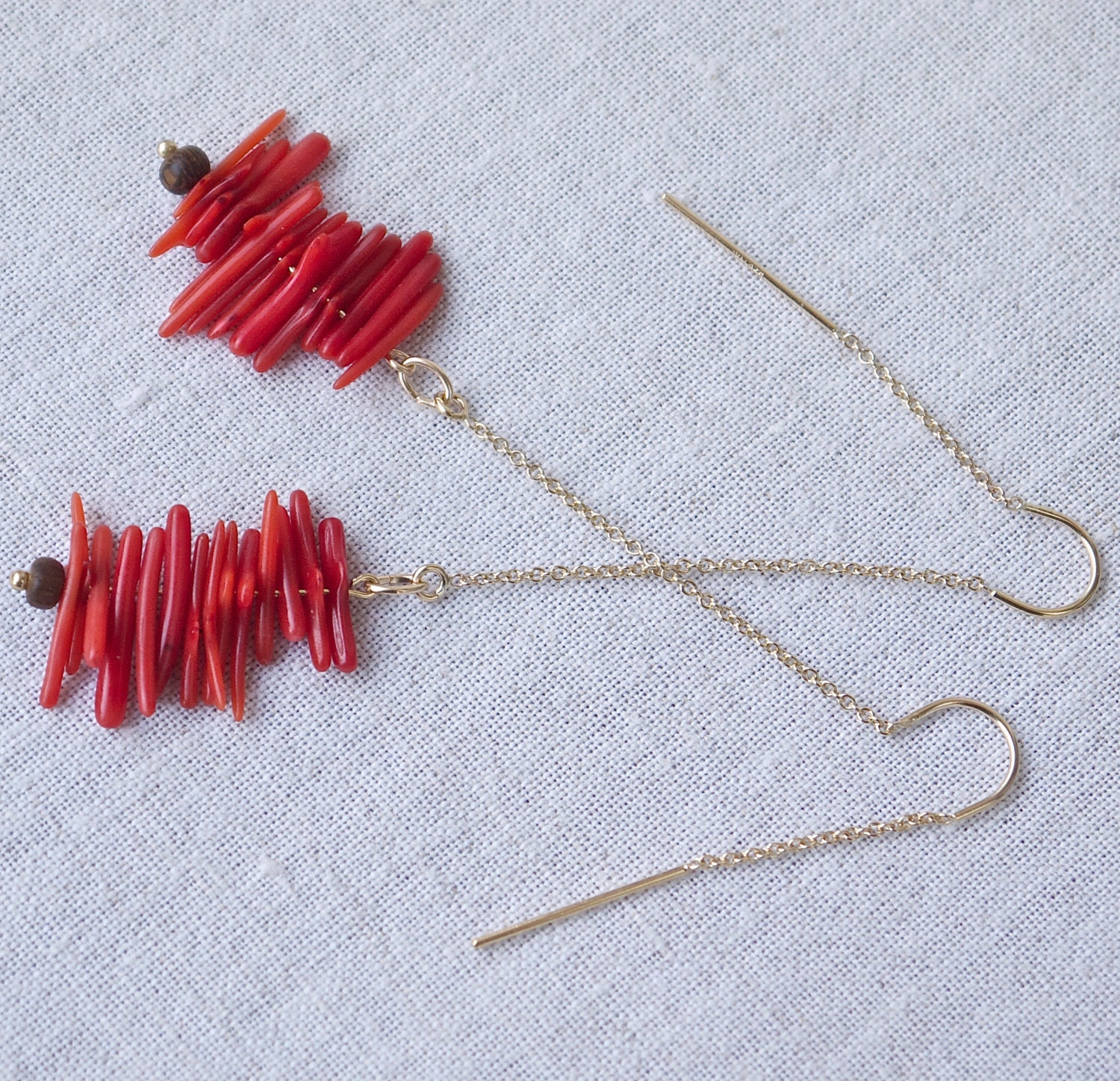 Long red dangle earrings 14k gold fill thread earrings with