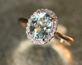 Handmade Natural Aquamarine Engagement Ring 9x7mm Oval Aquamarine Wedding Ring Halo Diamond Ring 14k Rose Gold (Other Metals Available)