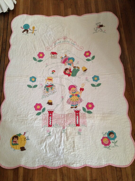 Baby Quilt Embroidered Crewel Mother Goose Nursery Rhymes