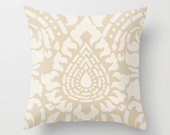 Damask Throw Pillow - Home Decor - includes insert - Tan Beige