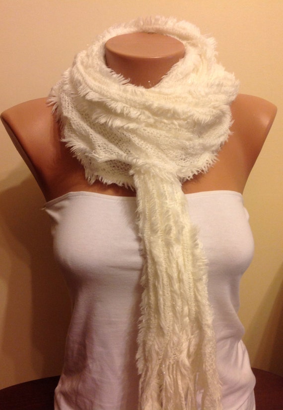 50%SALEWhite Knitted ScarfFringed Scarf Knitted Fluffy