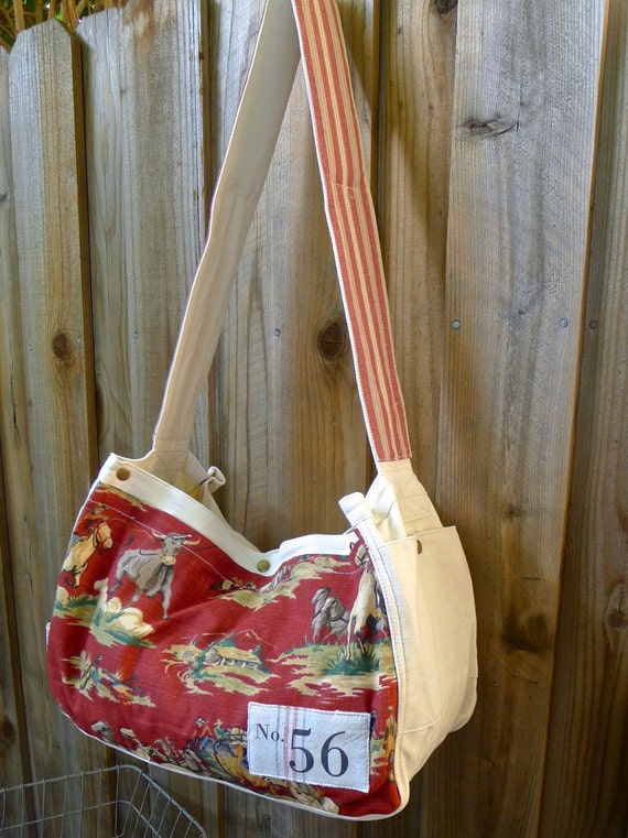 Red cowboy vintage Waverly print Paper Boy Courier Bag