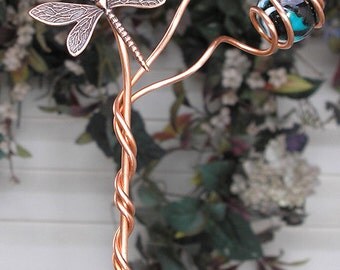 Dragonfly/Butterfly Garden Plant Stake - Metal Sculpture - Glass Orb Copper - Yard Art Lawn Ornament Outdoor Pond Teal