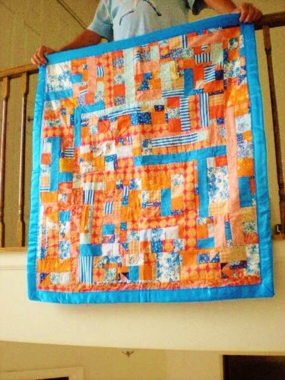 Items similar to Orange & Blue Patchwork cotton Quilt 40 x 45 inches on