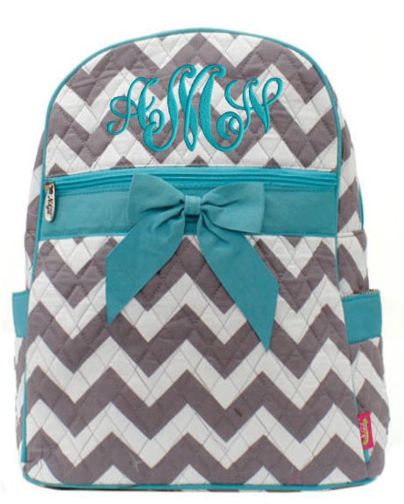 Personalized Backpack Chevron Gray Aqua Bookbag Quilted Monogrammed