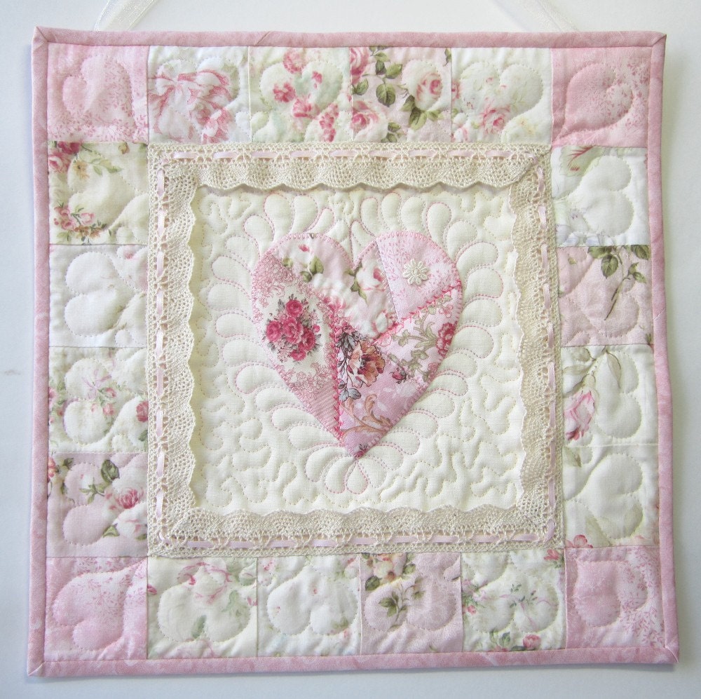 Shabby Cottage Chic Wall Quilt Heart Applique Wall Quilt