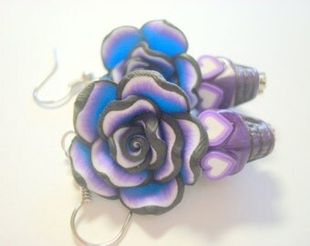 Purple,Black, and Blue Day of the Dead Hearts and Roses and Sugar Skull Earrings