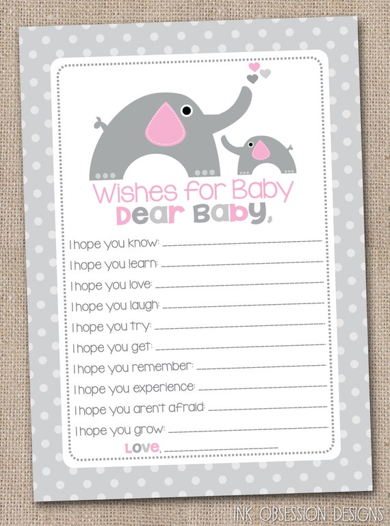 Printable Baby Wishes Pink &amp; Gray Elephants by InkObsessionDesigns