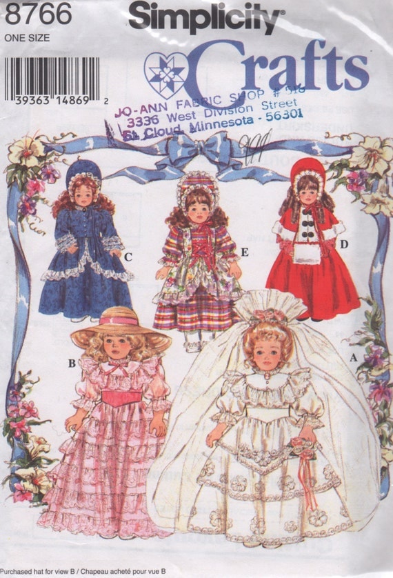 Simplicity 8766 Victorian Doll Clothes Pattern for 16 and 18