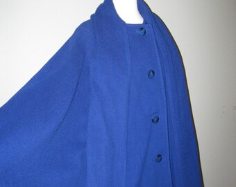 Vintage 70's Cobalt Blue Wool Blend Cape Coat / Women / Outerwear / L / XL / Winter Coat