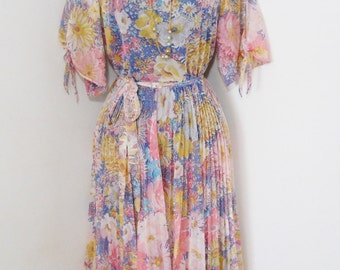 Pastel Floral Dress Sheer Flutter Sleeves 70s Vintage Full Circle Skirt ...