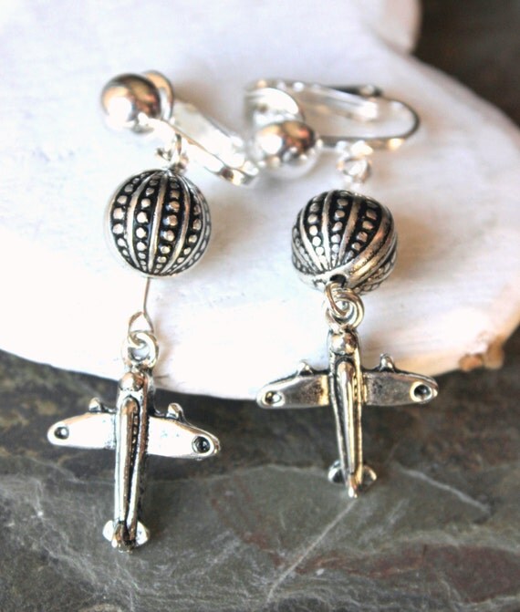 Airplane Earrings Silver plane earrings HOOKS or CLIP on