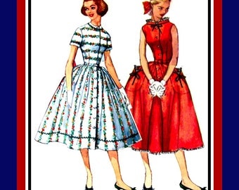 Vintage 1957-THE SABRINA DRESS- Sewing Pattern-Three Styles Patch Pockets-Stand Up Collar-Lace Trim-Twirl Skirt- Bows- Uncut -Size 12- Rare