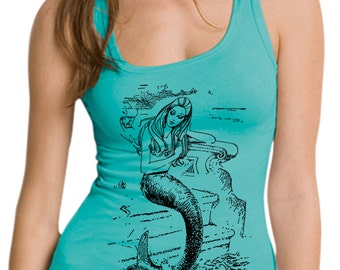 mermaid shirt - womens tshirts - mermaid gifts - nautical shirt - sailing tshirt - nautical gift - gift for her - MERMAID - black tank top