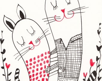 Dance of Love / ORIGINAL ILLUSTRATION / ink drawing / Love / Cute cats