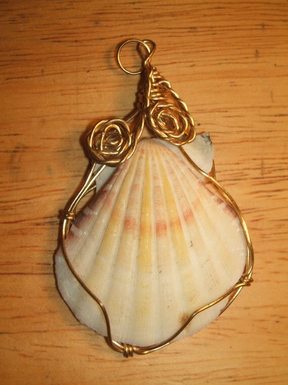 Brass Wire Wrapped Sea Shell Art Pendant Free Shipping