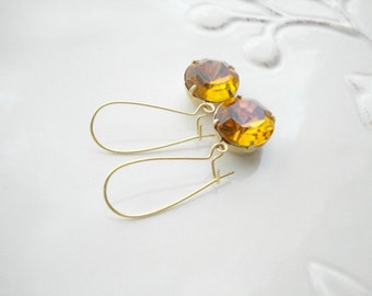 Topaz Earrings, Long Topaz Earrings In Gold, Vintage Style Jewelry, Caramel Glass Drop Earrings November Birthstone Jewelry, Birthday