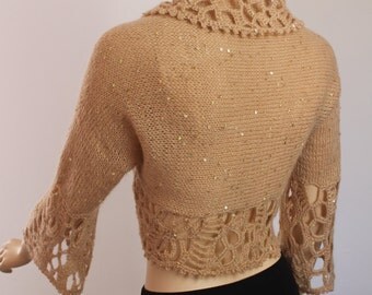 Hand Knitted Crocheted Beige Shrug Bolero - 3/4 sleeved - Payette