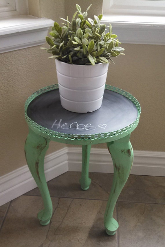 Upcycled Minty Green Cottage Chic Plant Stand with Chalkboard