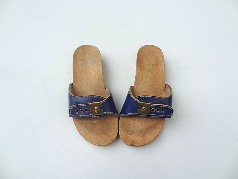 Vintage Dr Scholl Sandals Navy Blue Leather Womens Size 7