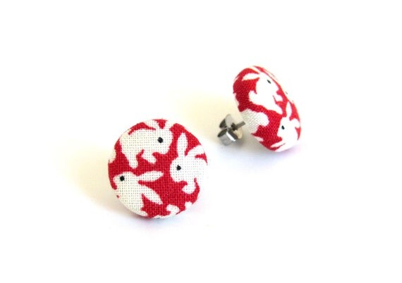 Red white rabbit earrings  cute fabric earrings  by KooKooCraft