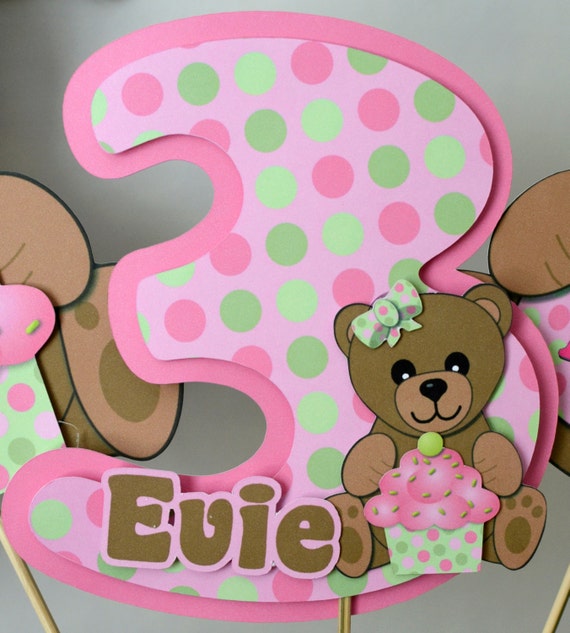 Girl Pink Teddy Bear Cake Topper for Birthday Party or Baby