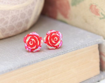 Flower Stud Earrings Tiny Red Rose Studs Metallic Shimmer Earrings Surgical Steel Posts Nickel Free Cute Floral Earrings Red Flower Stud