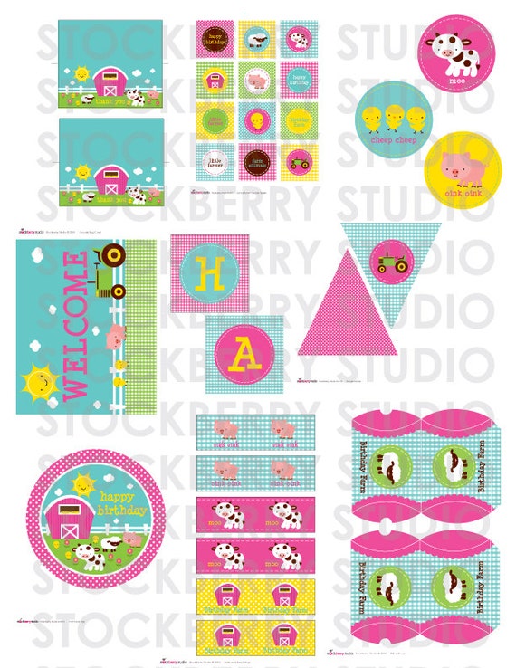 Girl Farm Birthday Party Decorations Printable - Pink Barnyard Birthday Decorations - Farm Animals - Petting Zoo Party - Instant Download Il_570xn