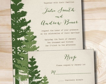 RUSTIC PINE TREE Wedding Invitation and Response Card Invitation Suite