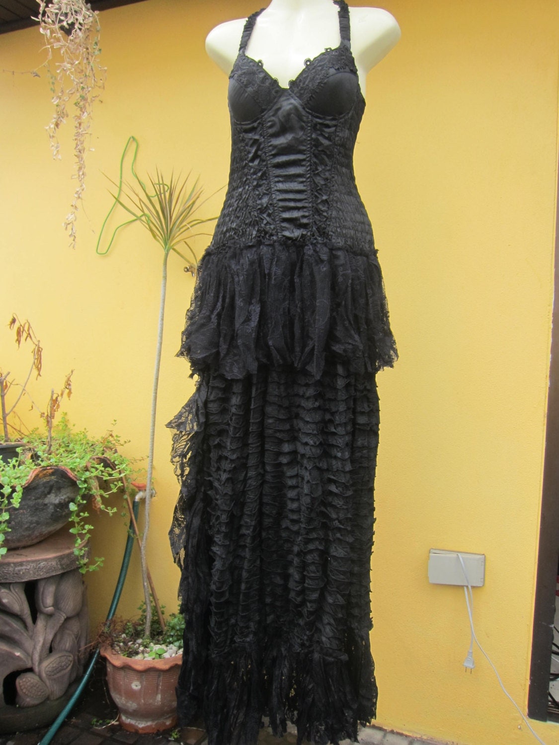 gothic bohemian black bustier dress with layers and ruffles of