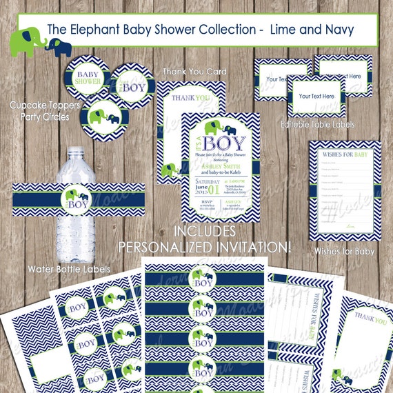 Boy elephant baby shower inviation package, navy and lime green, chevron baby shower invite, printable(PARTIAL INSTANT DOWNLOAD) - elephant1 Il_570xn