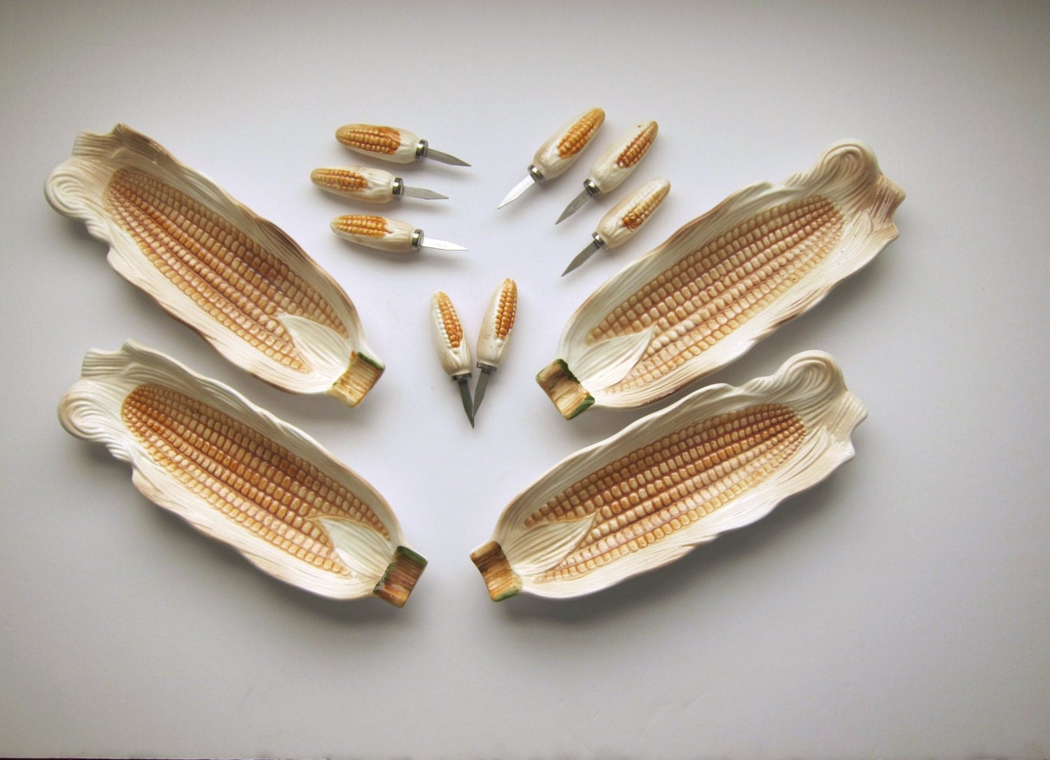 Set of Four Vintage Corn on the Cob Tray and Holders