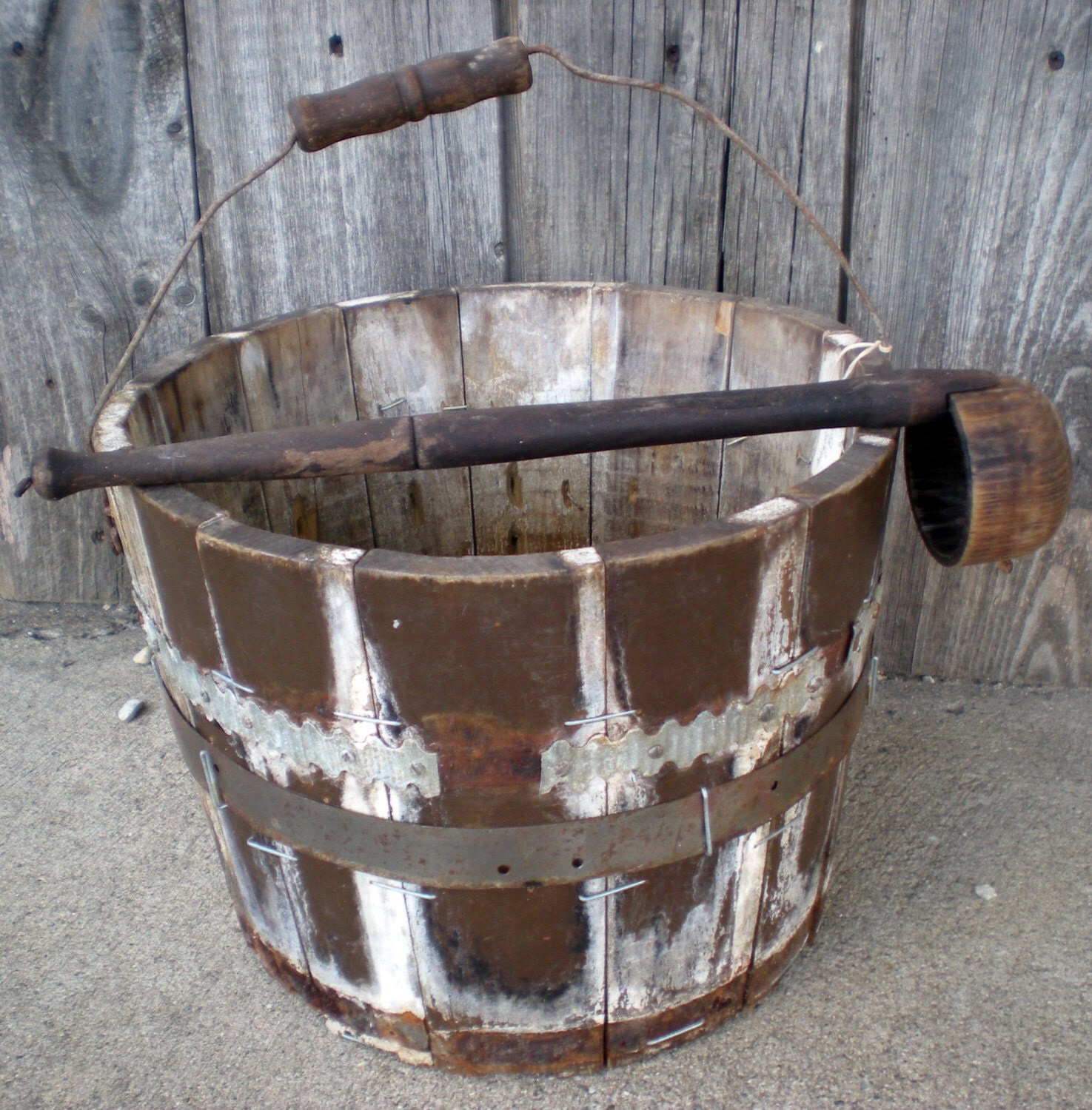 Antique wooden bucket and spoon vintage farmhouse flea
