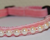Pearl - Breakaway  Pink velvet cat collar w/pearl ribbon -  handmade original design