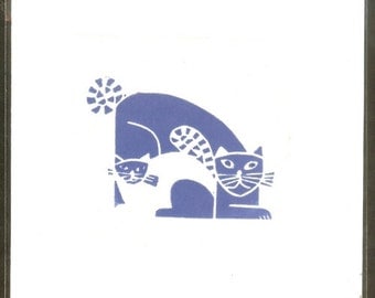 Hand Printed Lino Print Card - Blue Cats - Contemporary Original Linocut Print For Cat Lovers
