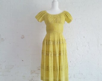 1950s Yellow Fit and Flare Prom Dress 50s Vintage Chartreuse Polka Dot ...