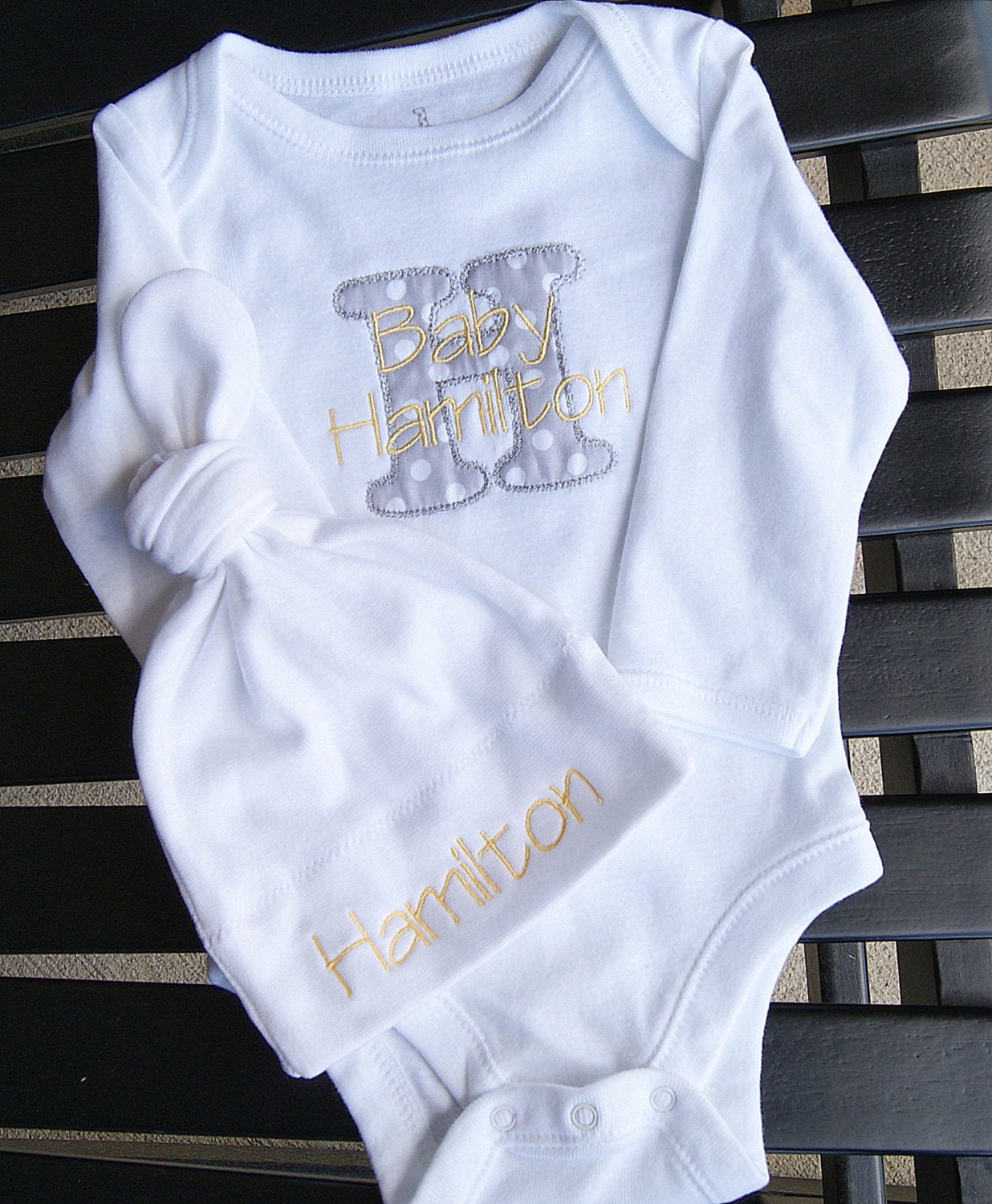 Personalized Onesie and Tie Top Baby Hat Gift by
