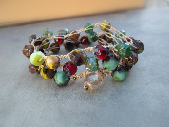 Bohemian Jewelry Wrap, Colorful Crochet Necklace or Bracelet - Boho Indie