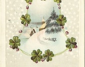 Green Shamrocks & Peaceful Winter Scene 1916 Vintage Postcard Bless this Christmas-time