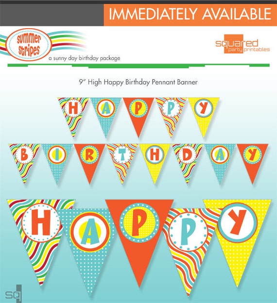Pool Party Printable Happy Birthday Banner - DIY Print - Summer Stripes - Beach - Instant Download Il_570xn