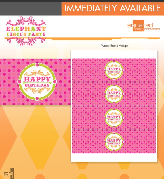 Pink Elephant Circus Happy Birthday - Bottle Wraps, Drink Wraps - Hot Pink - DIY Print - Vintage Carnival - Instant Download Il_570xn