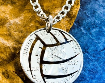 Volleyball Necklace with stainless steel chain, hand cut Quarter