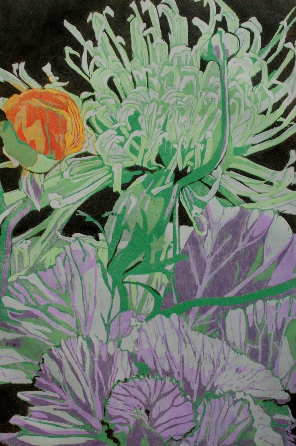 Cut Flowers relief woodcut original print